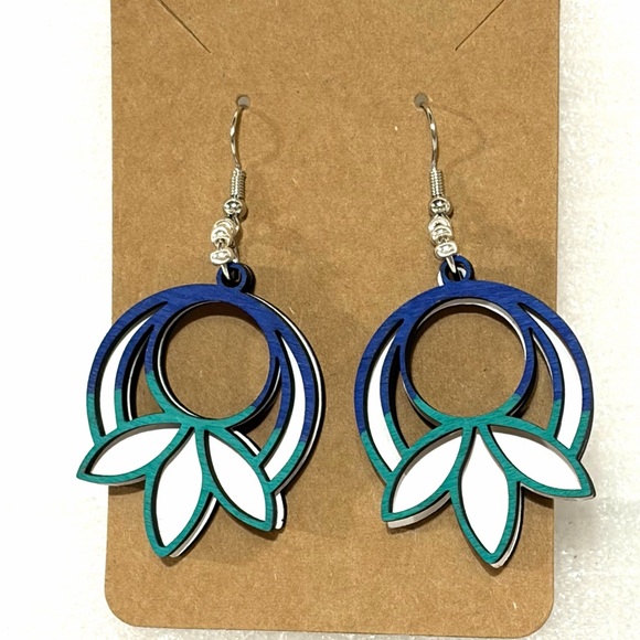 Jewelry - Elegant Blue and Green Wood Earrings. Hand Crafted